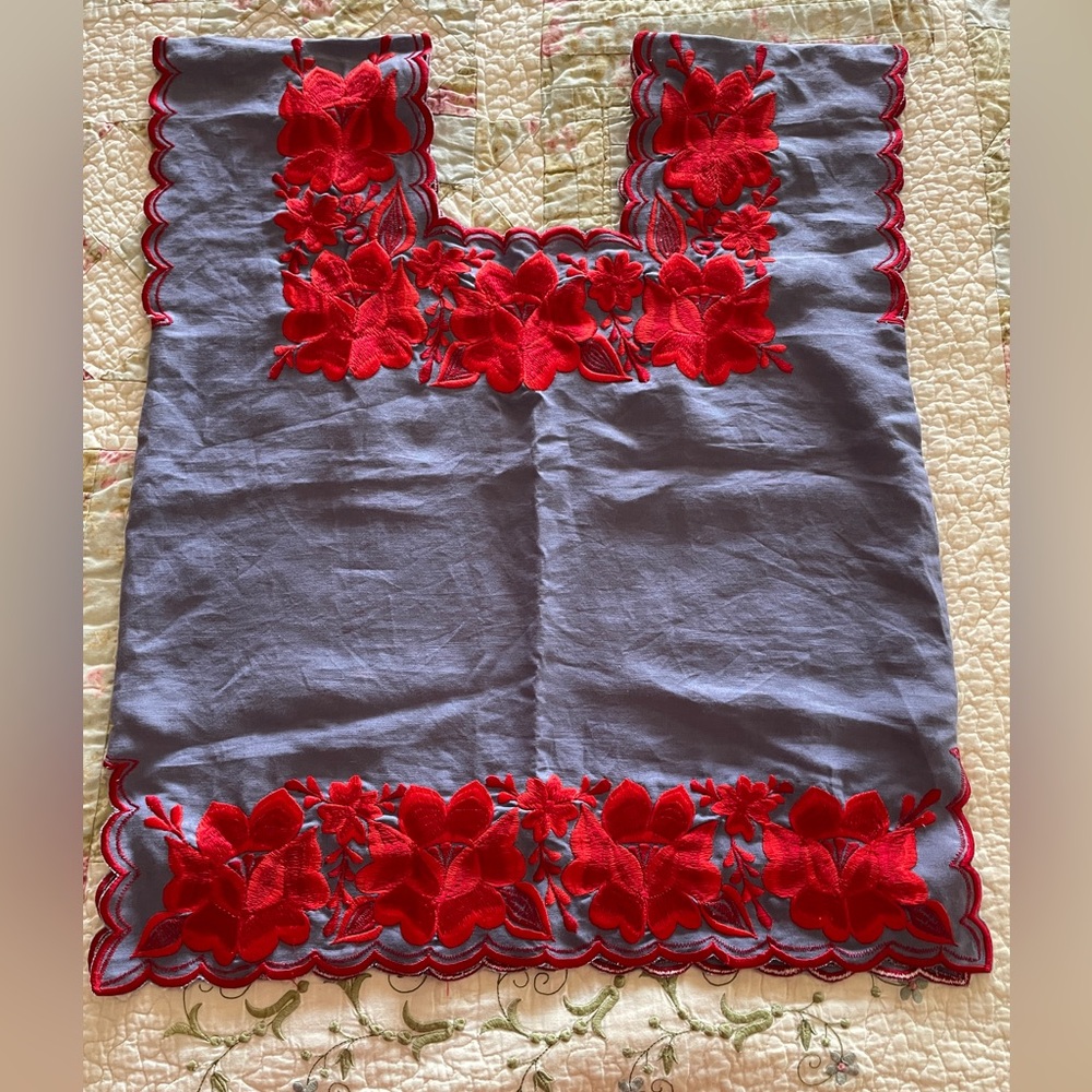 Embroidered Square-Neck Blouse in Gray with Red Floral Accents